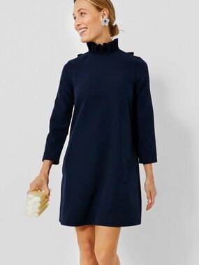 Tuckernuck Daphne Navy Blue Ruffle Collar Mini Bow Shift Dress, size L